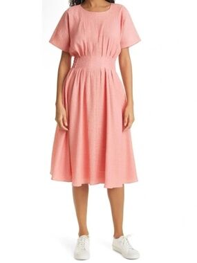 Club Monaco Seersucker Fit & Flare Midi Dress In Tea Rose Coral Pink Size 0